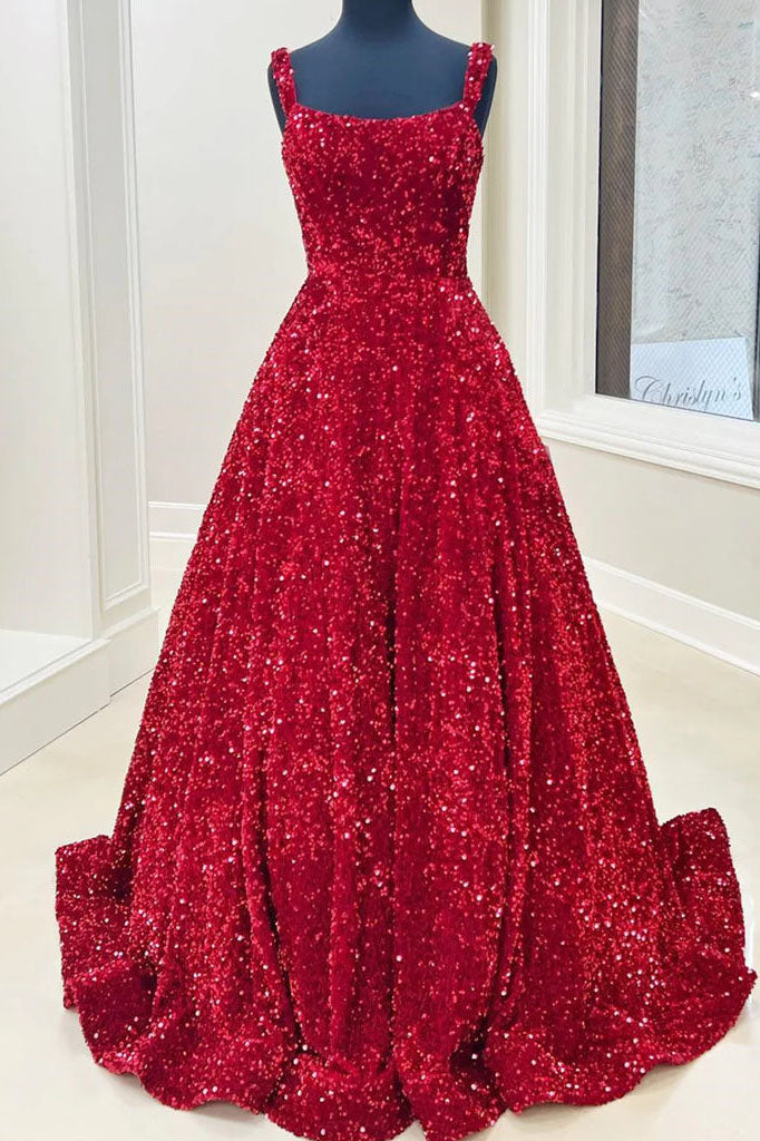 A line Red Square Neck Sequin Long Prom Dresses Formal Evening Dresses OK2003