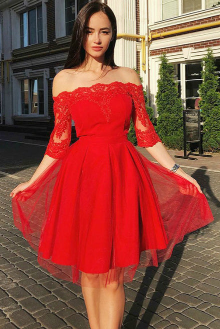 A Line Off the Shoulder Red Knee Length Lace Appliqued Homecoming Dresses