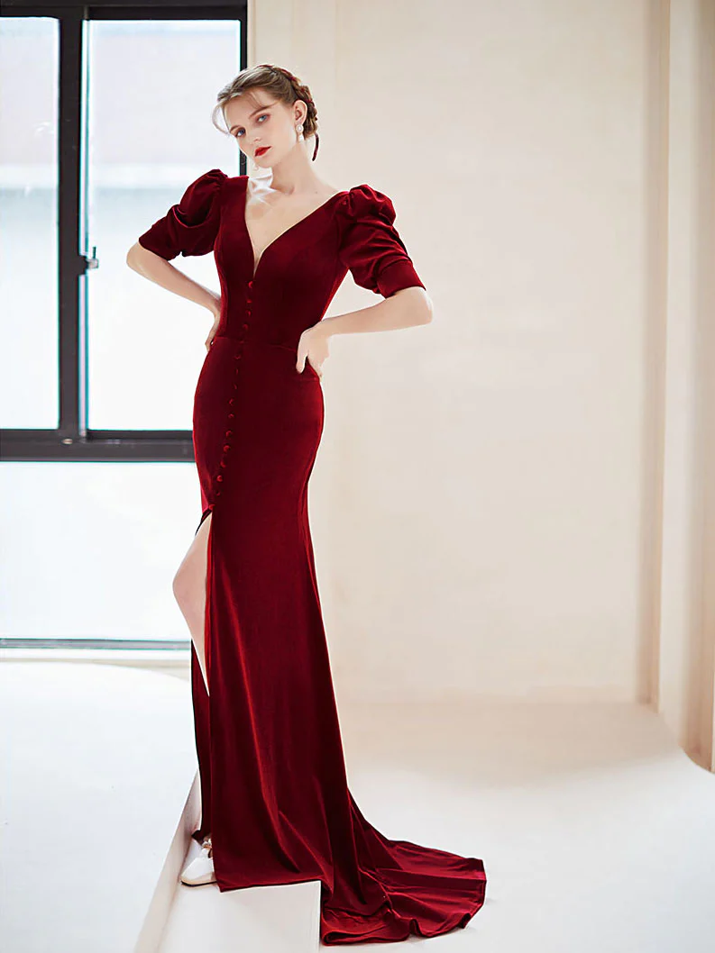 Burgundy V-neck Short Sleeve Velvet Mermaid Long Formal Prom Dress
