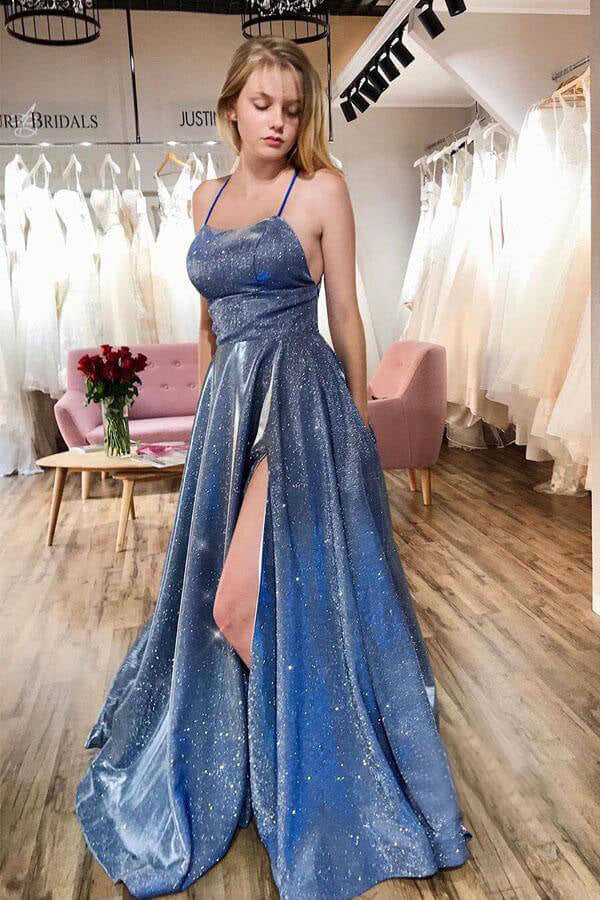 Sparkly Blue A Line Spaghetti Straps Graduation Dresses With Split Long Prom Dresses