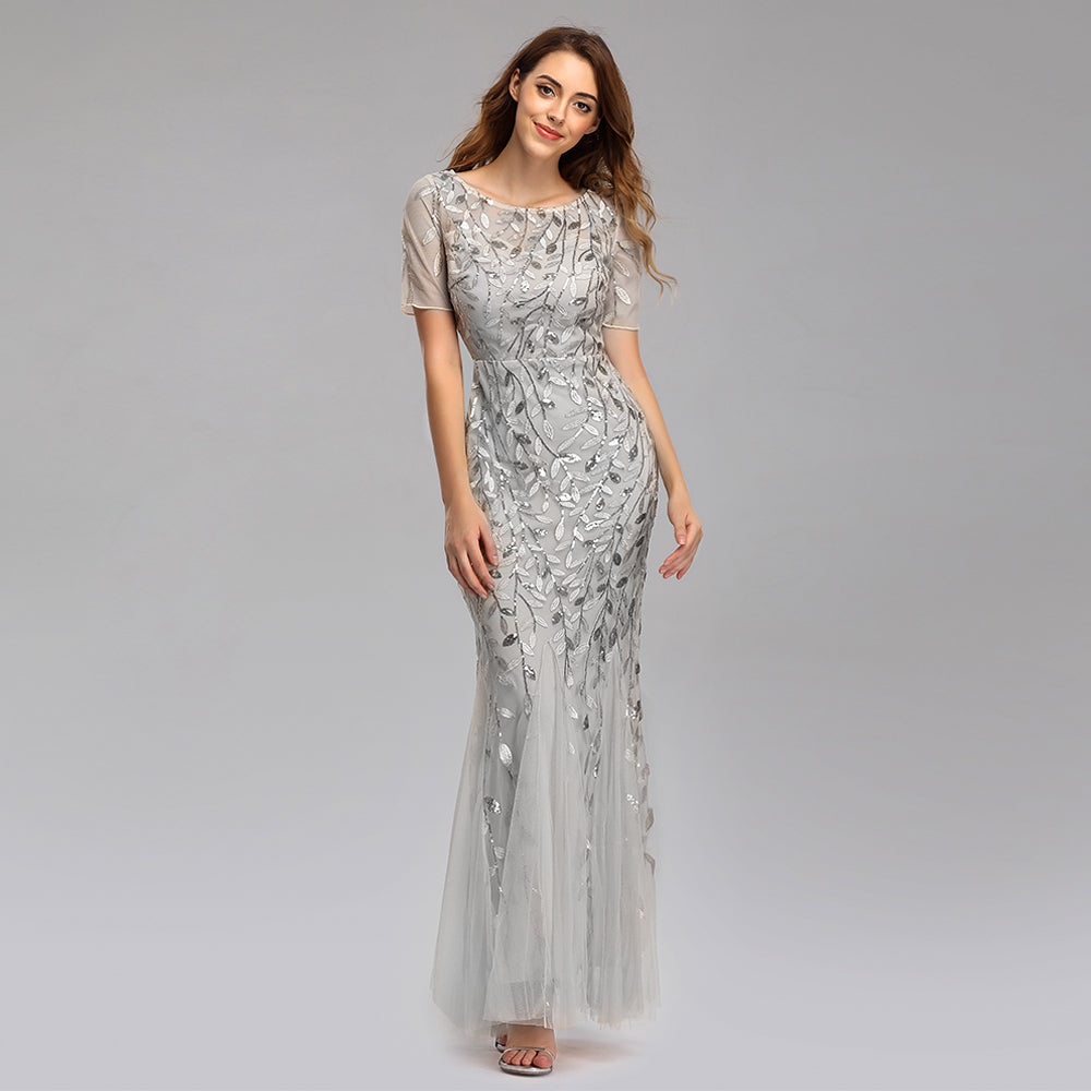 Elegant Short Sleeves Zipper Back Sequin Lace Long Prom Dresses