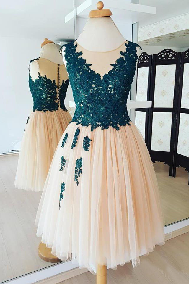 See Through Short Homecoming Dresses Lace Top Tulle Sleeveless