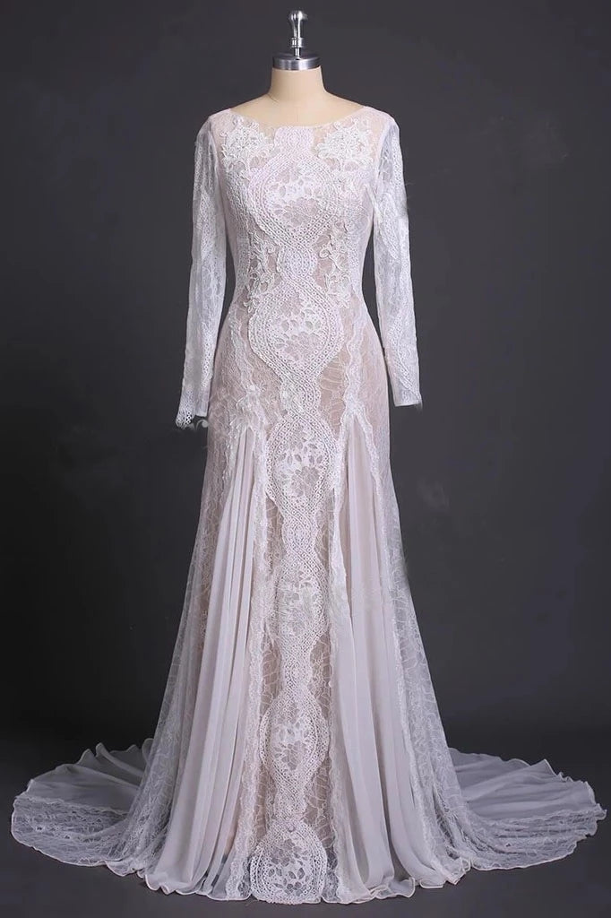 Column Lace Bridal Dresses Long Sleeves Backless Boho Beach Wedding Dresses N2017