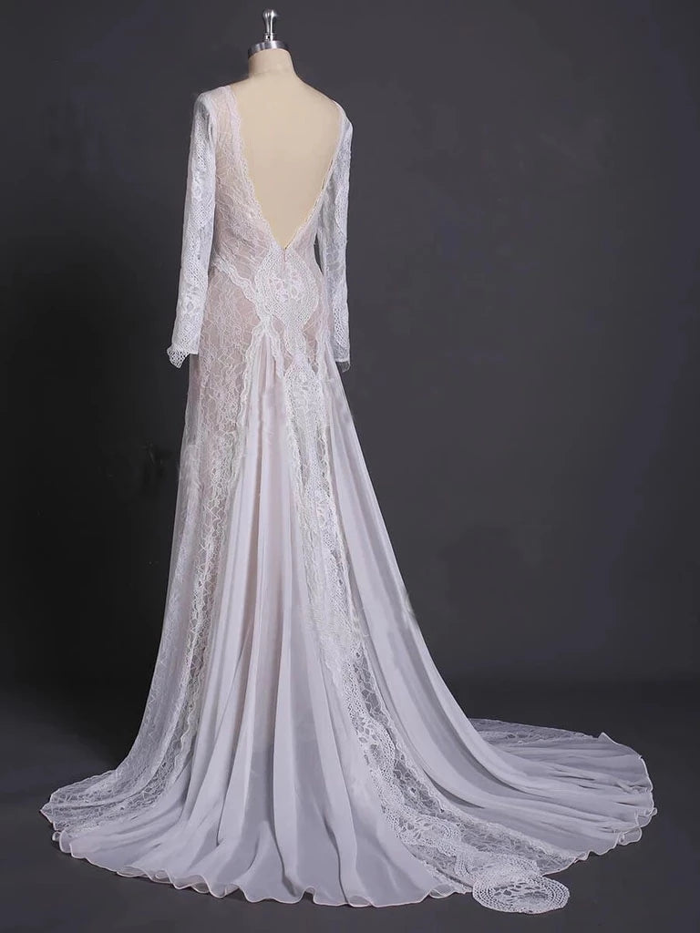 Column Lace Bridal Dresses Long Sleeves Backless Boho Beach Wedding Dresses N2017