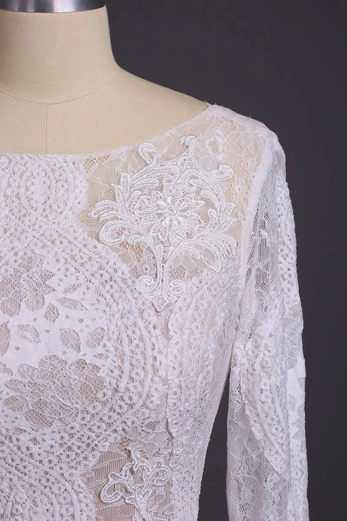 Column Lace Bridal Dresses Long Sleeves Backless Boho Beach Wedding Dresses N2017