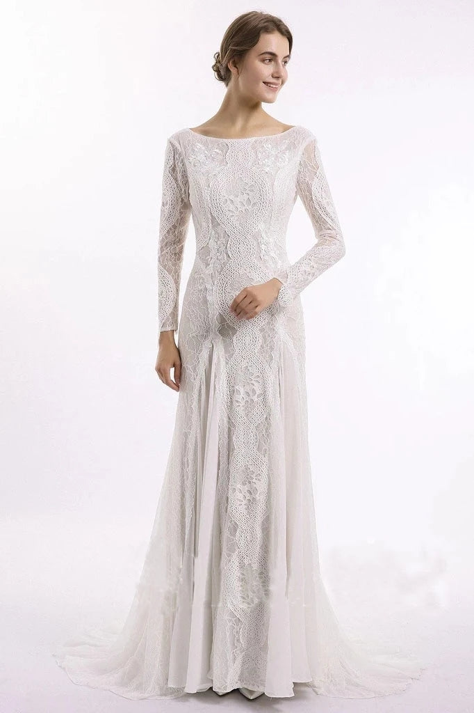 Column Lace Bridal Dress, Long Sleeves Backless Boho Beach Wedding Dresses N2017