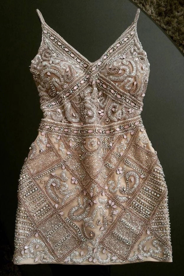 Sheath Spaghetti Straps Beaded Homecoming Dresses