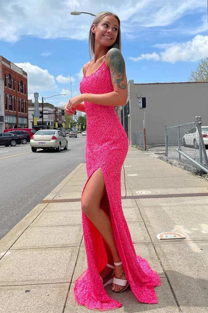 Sparkly Mermaid Sequined Hot Pink Evening Gown Sleeveless Long Prom Dress with Slit