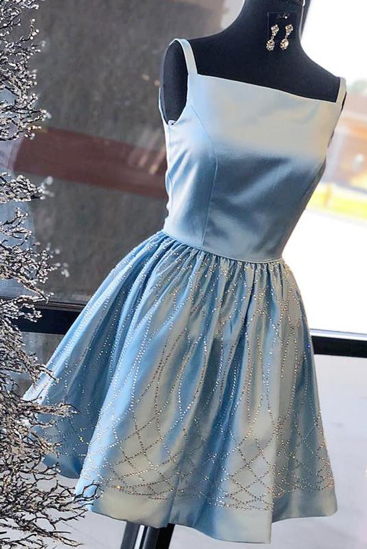 Sparkly Blue Satin Beading Square Neck Homecoming Dresses N1825
