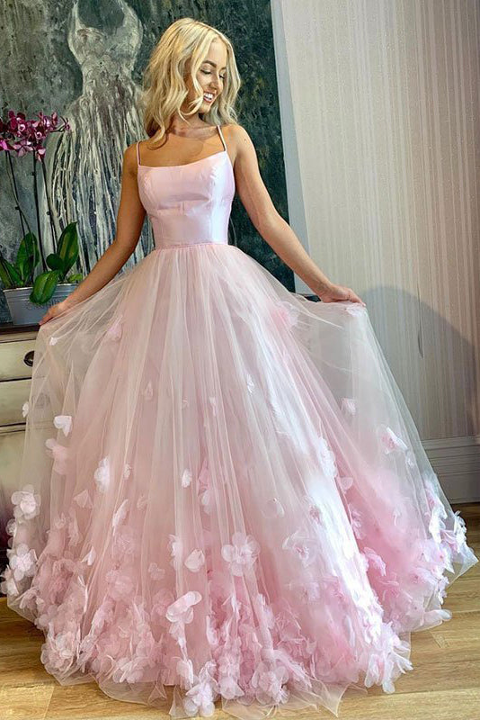 Pink Flowy Tulle Prom Dress Sweet Spaghetti Straps Flower Pink