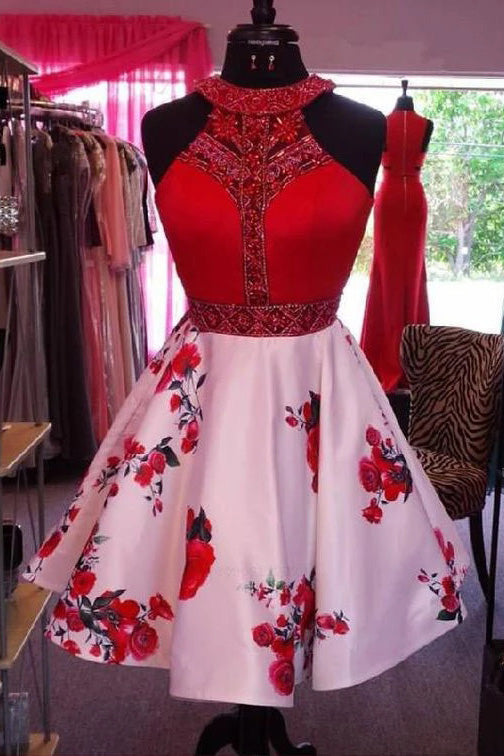 Red Beaded Halter Short Floral Print Homecoming Dresses Sleeveless Cocktail Dresses N1990
