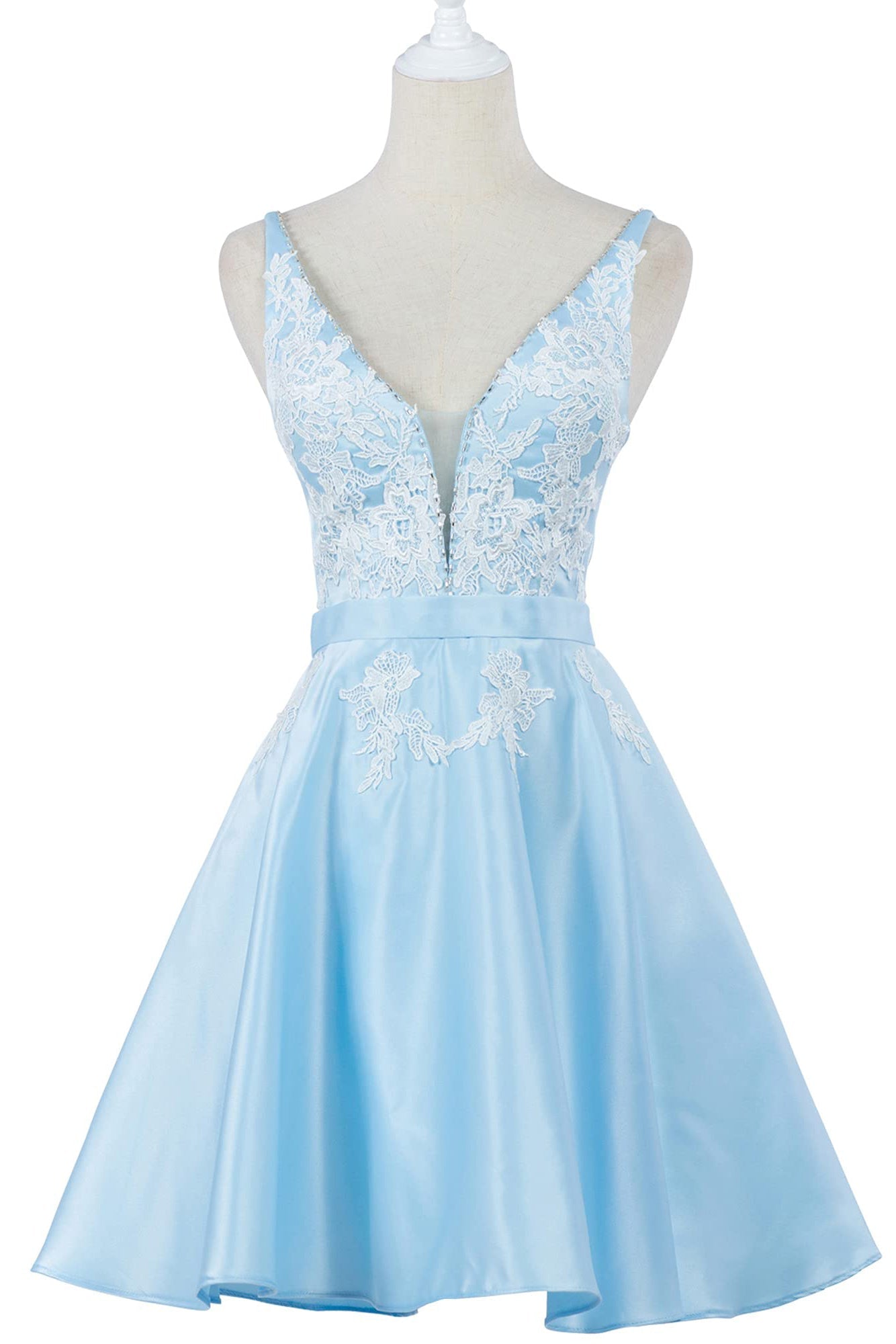 A Line Burgundy V-Neck Lace Appliqued Graduation Party Dress