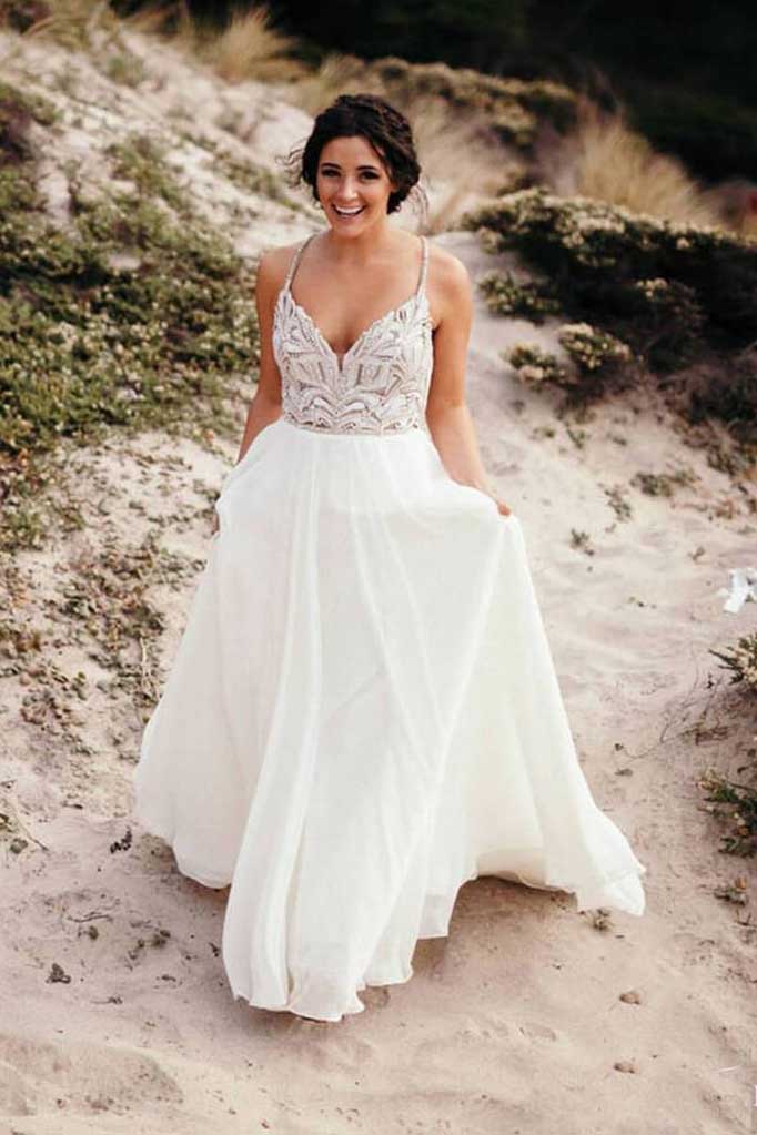 Spaghetti Strap Beaded Chiffon Boho Wedding Dresses