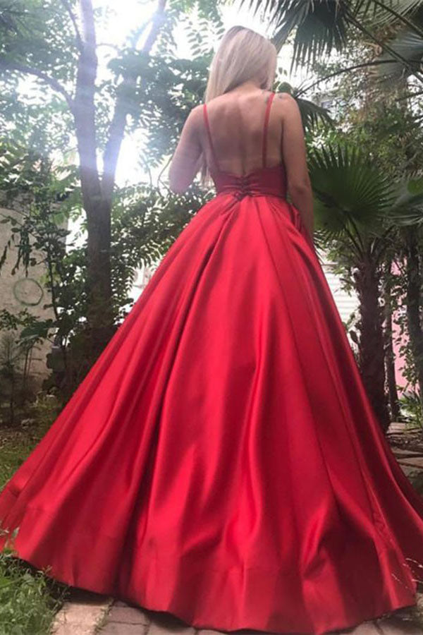 A Line Royal Blue Spaghetti Straps Satin Prom Dress with Pleats N729