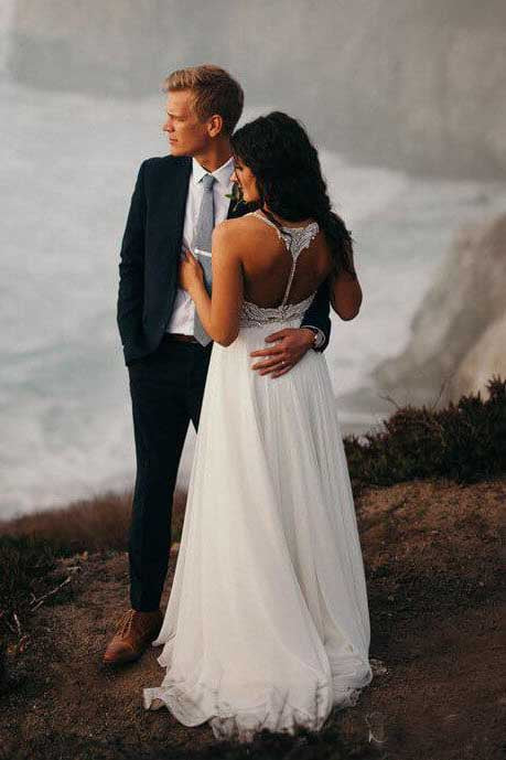 Spaghetti Strap Beaded Chiffon Boho Wedding Dresses