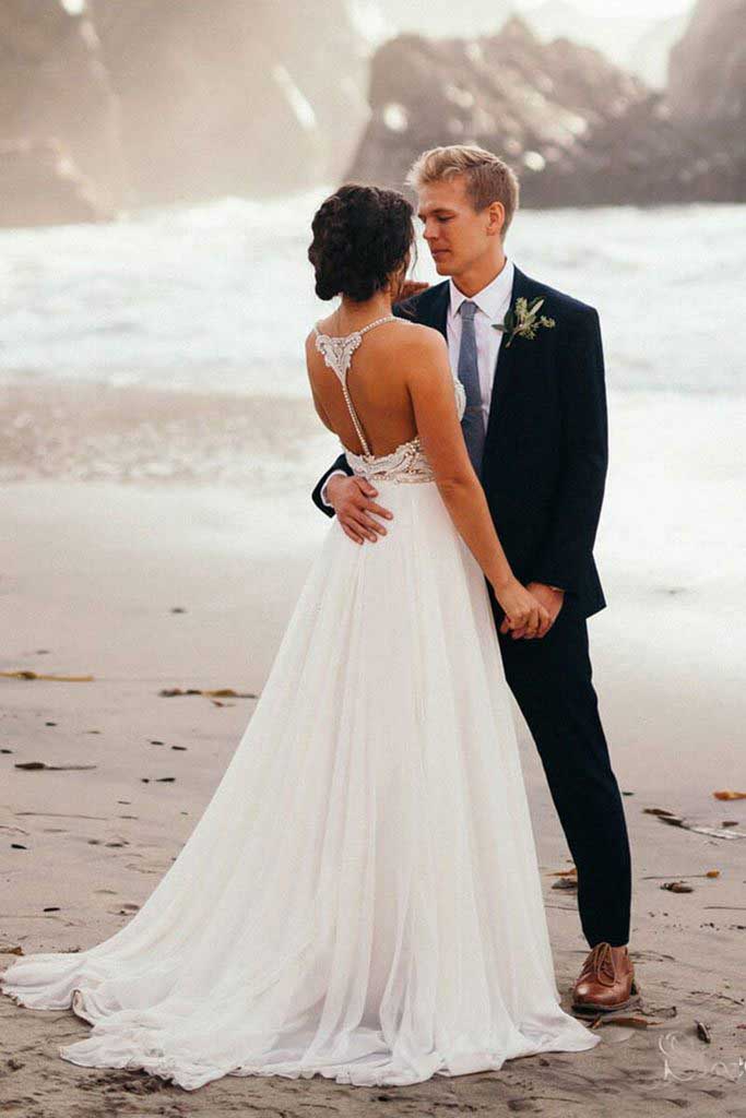 Spaghetti Strap Beaded Chiffon Boho Wedding Dresses