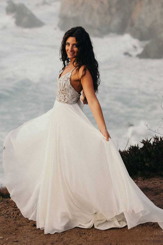 Spaghetti Strap Beaded Chiffon Boho Wedding Dresses