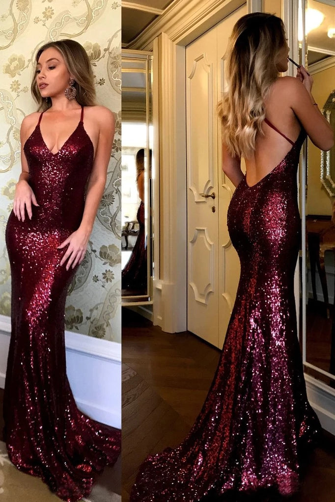 Sparkling Burgundy Sequins Mermaid V-Neck Sweep Train Party Dresses N555