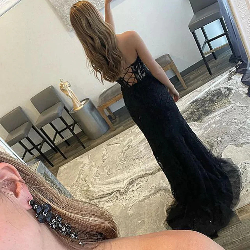 Sweetheart Mermaid Black Lace Long Prom Dresses OK1900