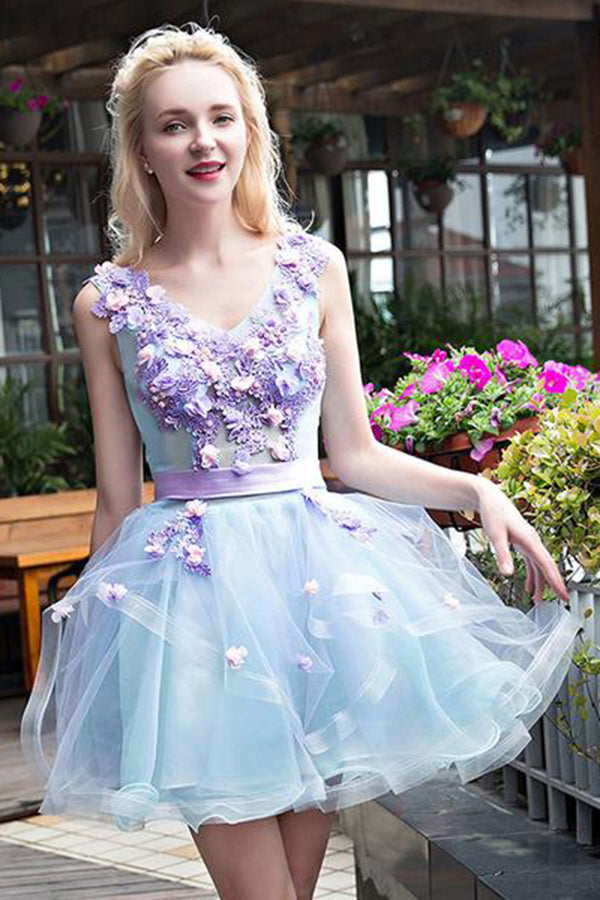 Stylish Light Blue Tulle Short Homecoming Dress with Lilac Appliques, Sweet 16 Dress
