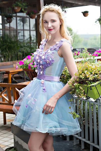 Light Blue Tulle Short Homecoming Dresses with Lilac Appliques