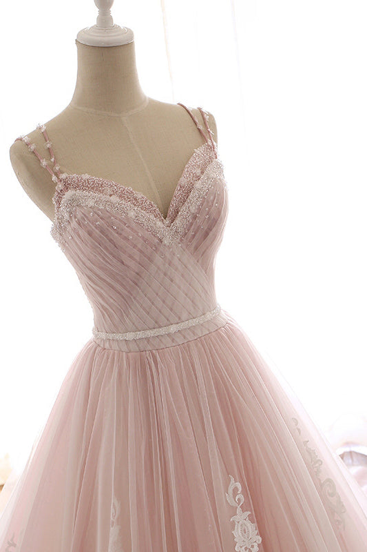 Pink Straps Tulle Prom Dresses with Lace Appliques A-Line Formal Dresses N1488