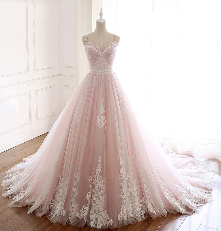 Pink Straps Tulle Prom Dresses with Lace Appliques A-Line Formal Dresses N1488