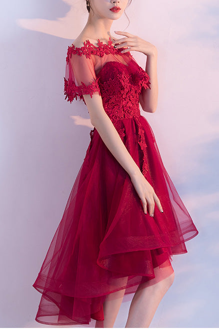 Burgundy Sweetheart High Low Tulle Homecoming Dresses with Lace Wrap N1667