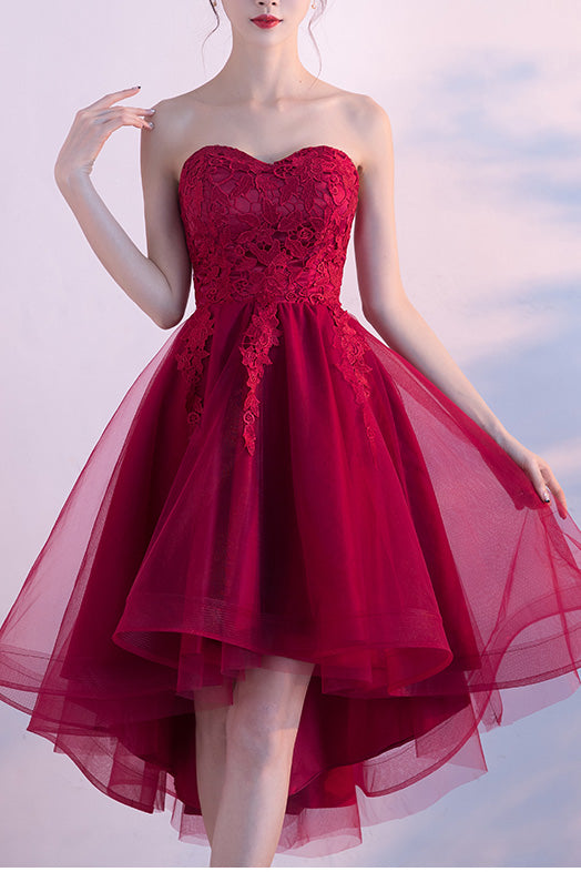 Burgundy Sweetheart High Low Tulle Homecoming Dresses with Lace Wrap N1667