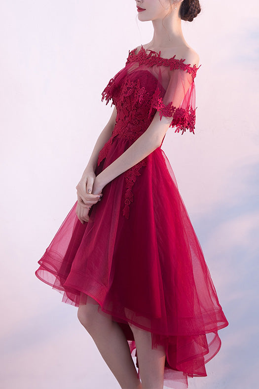 Burgundy Sweetheart High Low Tulle Homecoming Dresses with Lace Wrap N1667