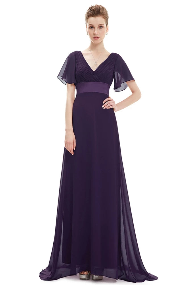 Flowy Chiffon Dark Navy Blue Prom Dresses V-Neck Short Sleeve Long Bridesmaid Dresses XU90812
