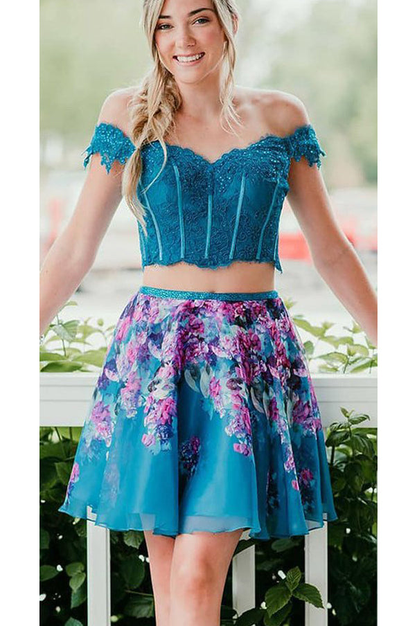 Two Pieces Turquoise Off the Shoulder Beading Lace Homecoming Dresses N1807