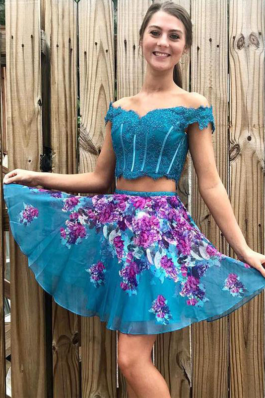 Two Piece Turquoise Off Shoulder Beading Lace Floral Homecoming Dresses N1807