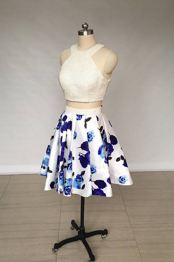 Two Piece Ivory Jewel Floral Print Satin Short Homecoming Dress with Pearls