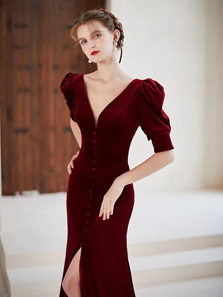 Burgundy V-neck Short Sleeve Velvet Mermaid Long Formal Prom Dress