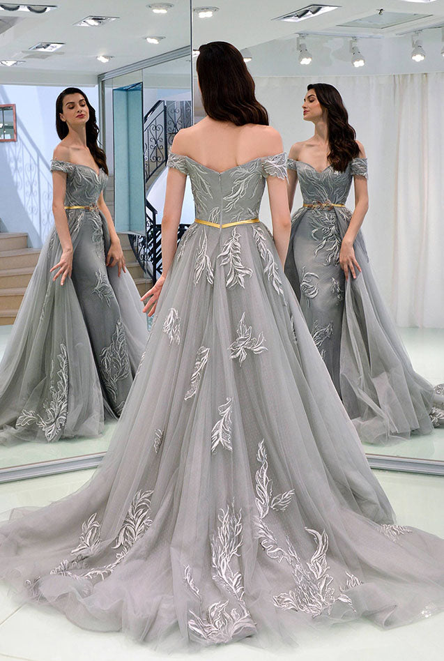 A Line Appliques Off-the-Shoulder Gray Tulle Prom Dresses N1833