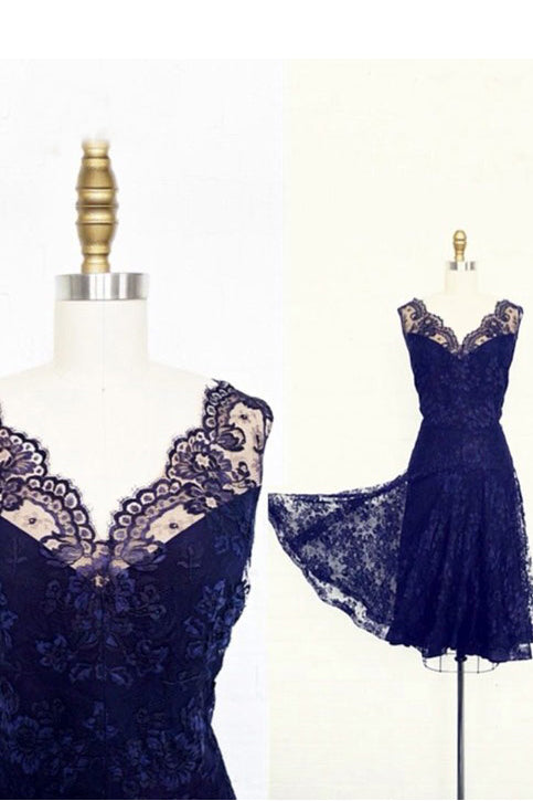 Vintage Short Lace Royal Blue Bridesmaid Dresses,V-neck Sleeveless Wedding Party Dress,N261