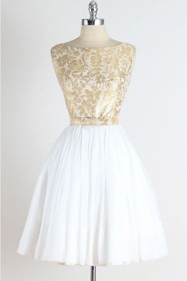 A Line Vintage Sleeveless Gold Lace Short Homecoming Dress Tulle Party Dresses