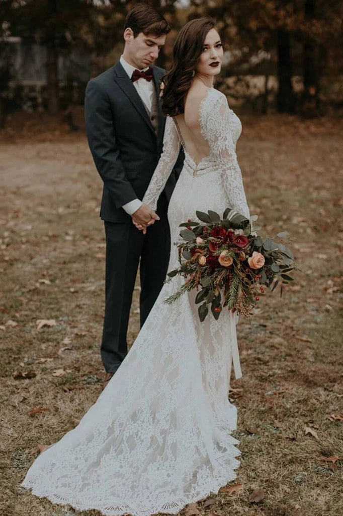 Long sleeve lace rustic wedding dress hotsell