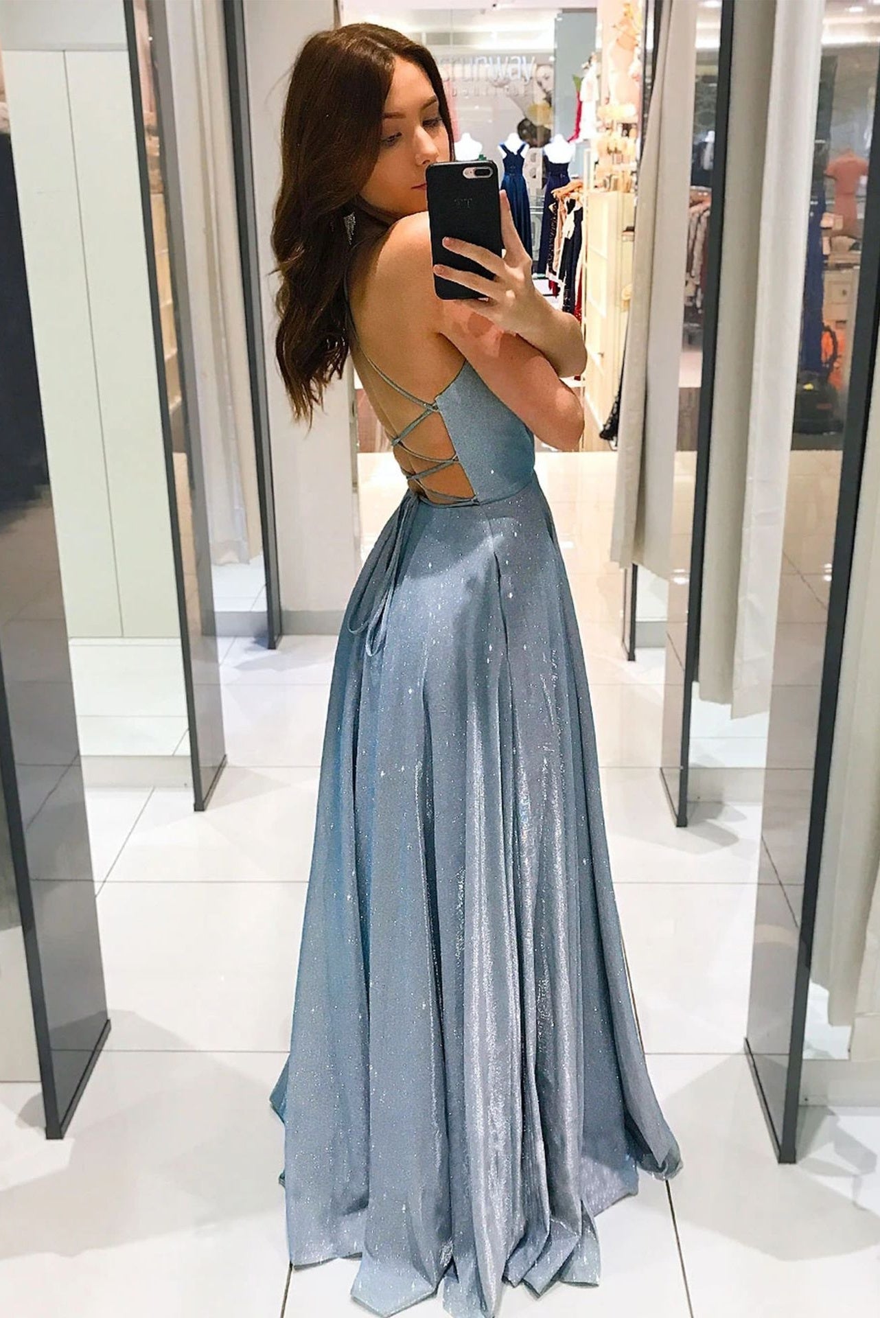 Shiny Spaghetti Straps A Line Blue Long Prom Dresses