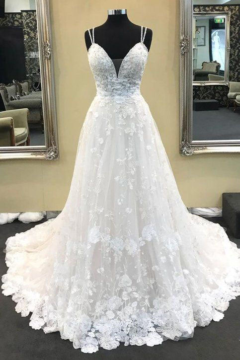 A Line V-Neck Sleeveless Wedding Dresses Long Lace Bridal Dresses N2432