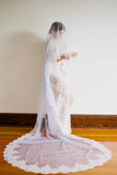 White 1T Tulle with Lace Appliques Wedding Bridal Veil Cathedral Length