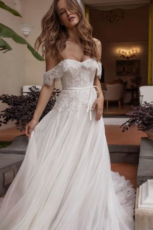 A line Off Shoulder Beach Wedding Dress with Lace Boho Wedding