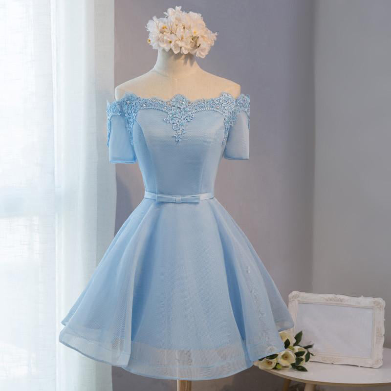 Pastel Lace Appliqued Off The Shoulder Short Sleeves Homecoming Dresses