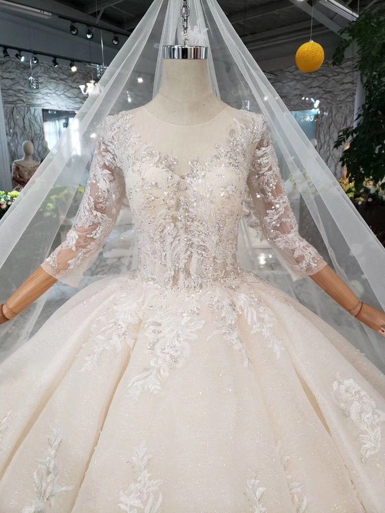 Gorgeous Scoop Ball Gown Wedding Dresses Sparkly 3/4 Sleeves Wedding Gown N1629