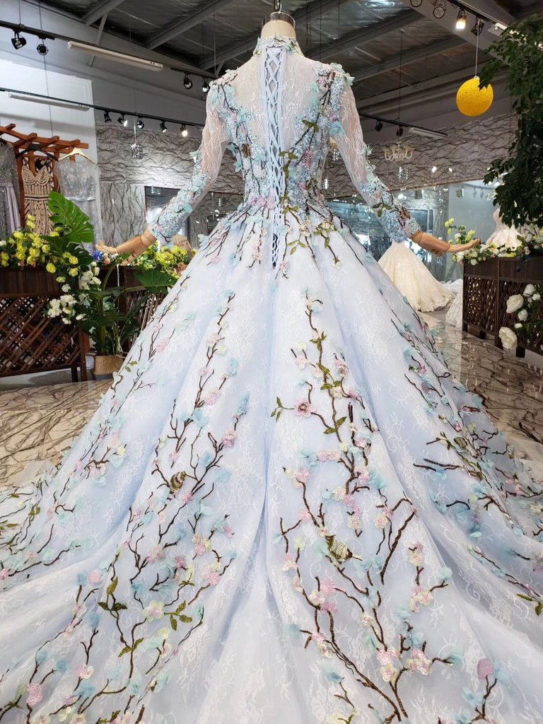 Light Blue Ball Gown Wedding Dresses with Lace Flowers Beading Quinceanera Dresses N1628