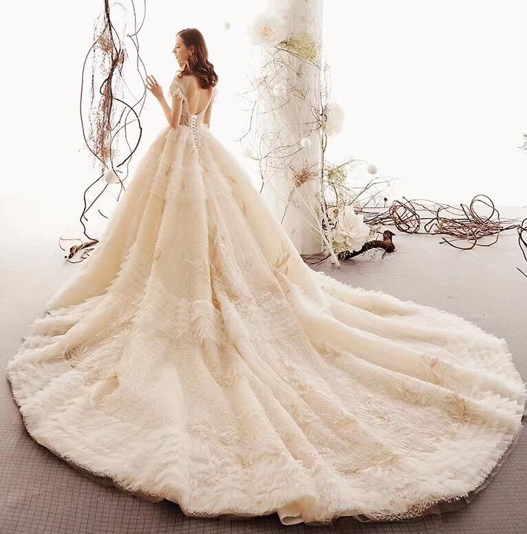 Unique High Neck Wedding Dresses Princess Short Sleeves Lace Tulle Wedding Gown N1627