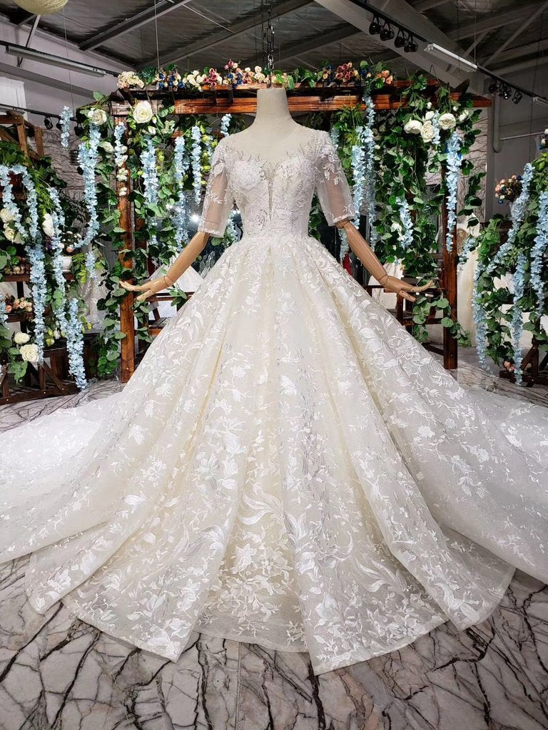 Gorgeous Lace Wedding Dresses with Half Sleeves Ball Gown Long Wedding Dresses N1625