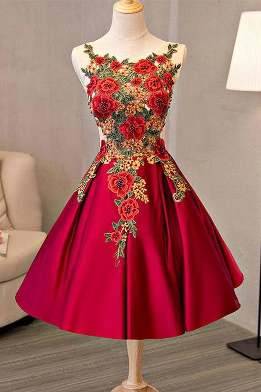 Pretty Short Satin A-line Lace Up Homecoming Dresses With Embroidered Appliques Y0003