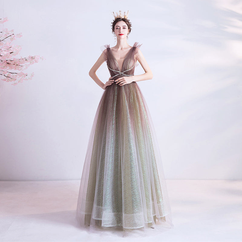 Pretty V-Neck Backless Floor Length Long Princess Prom Dress Prom Gowns Y0052